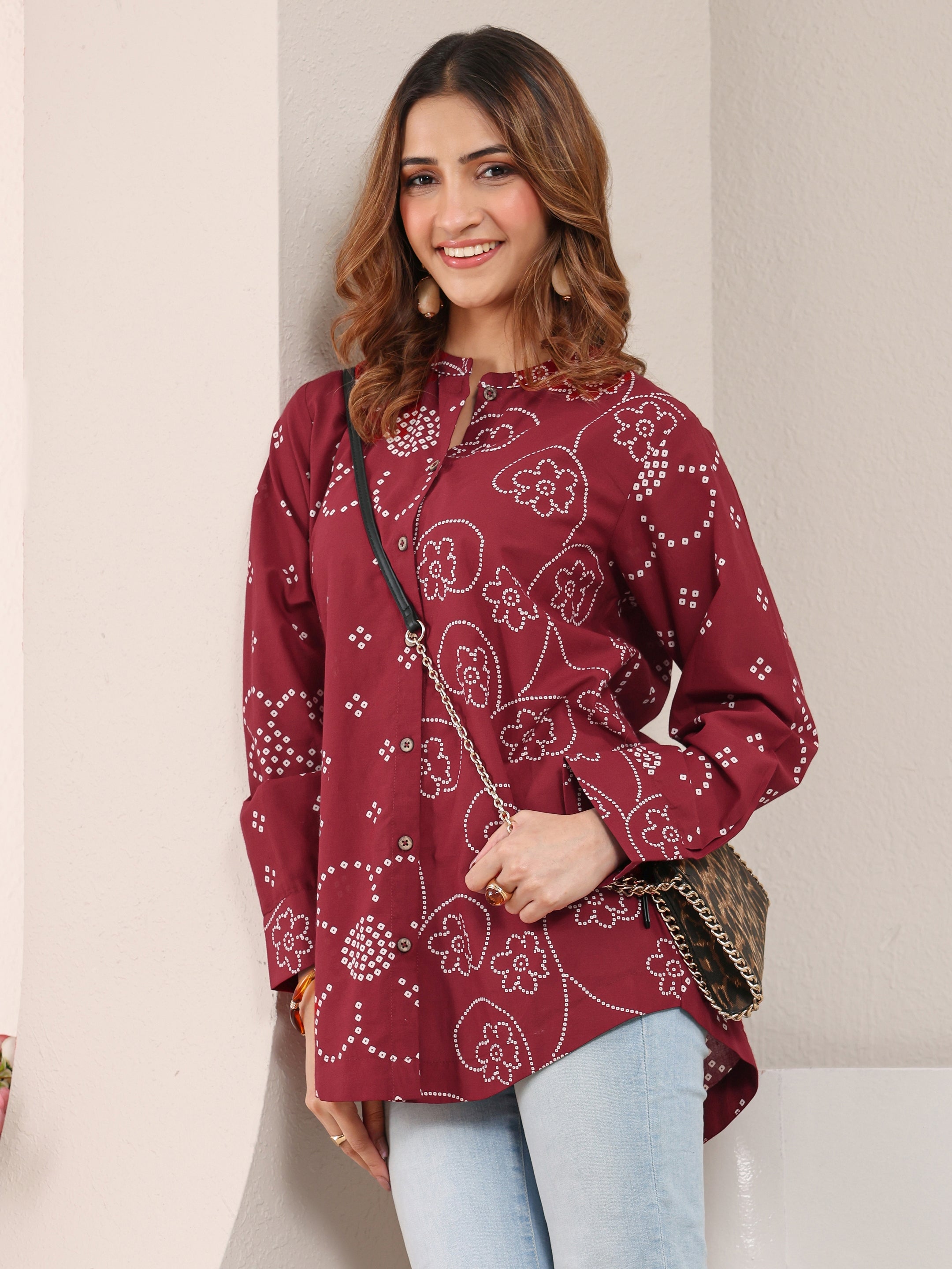 Red Floral Printed Cotton Shirt-image-5