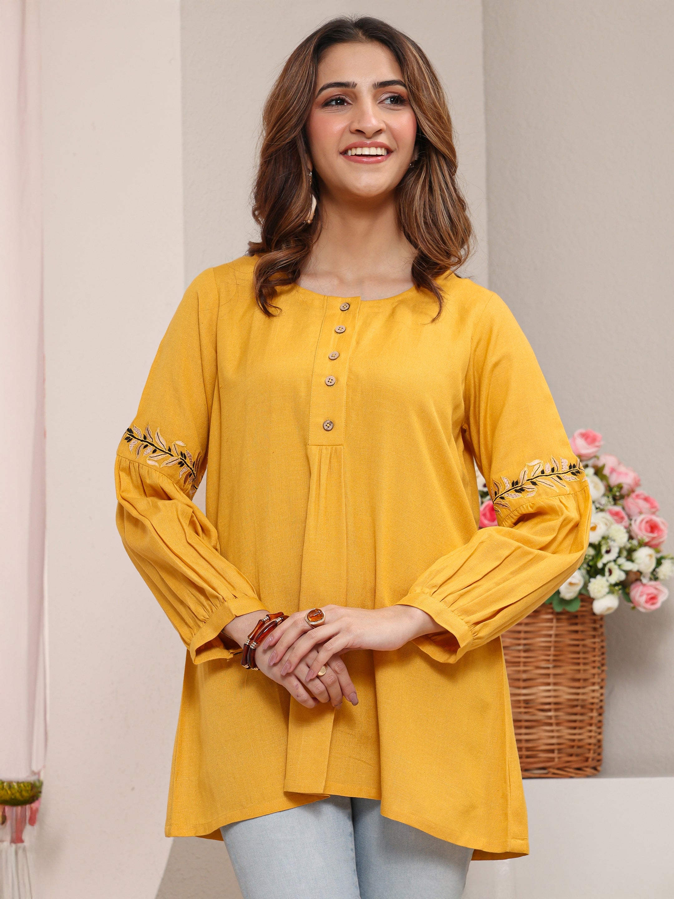 Yellow Solid Cotton Straight Short Kurti-image-10