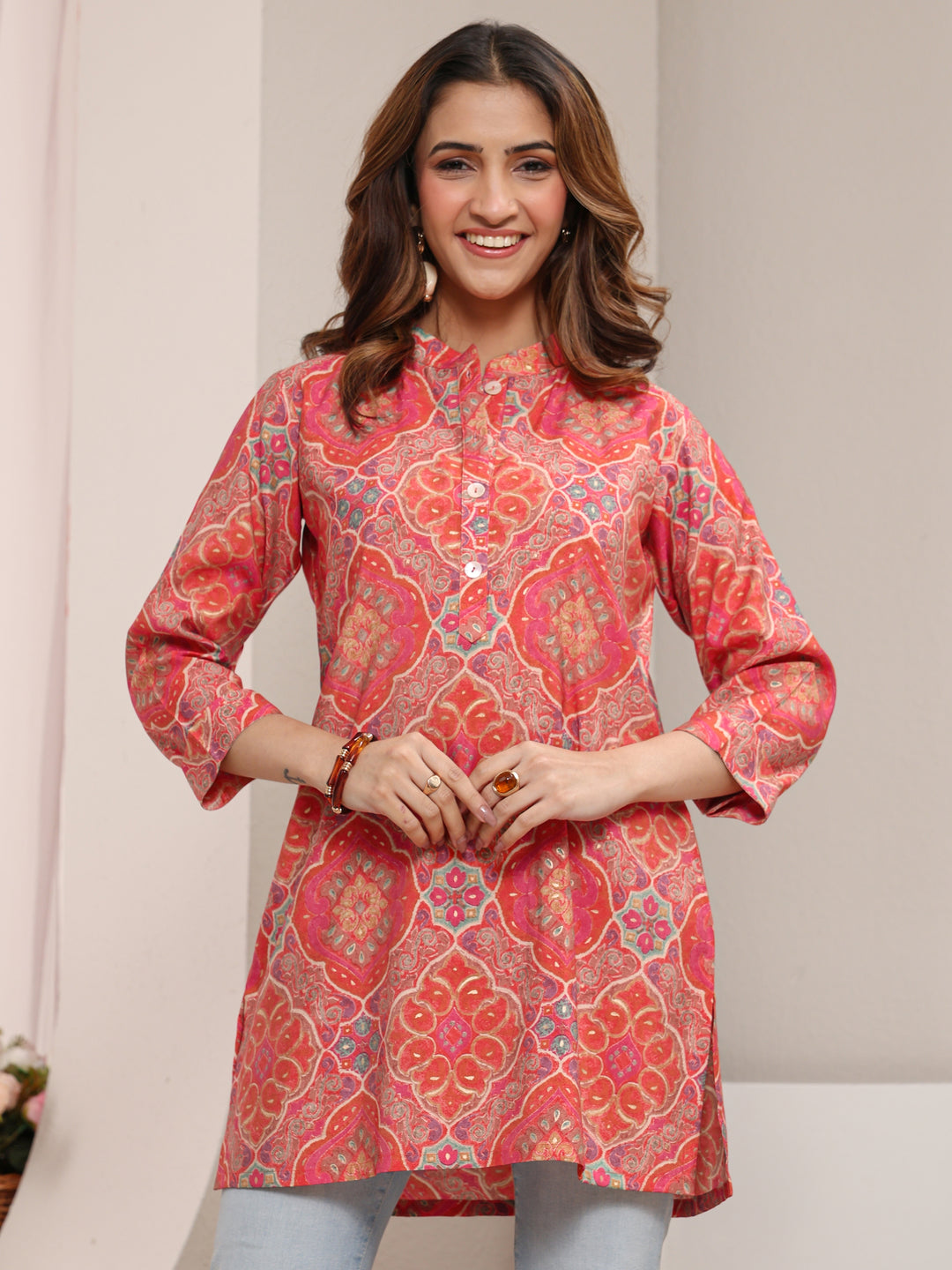  Peach Ethnic Printed Silk Blend Tunic 