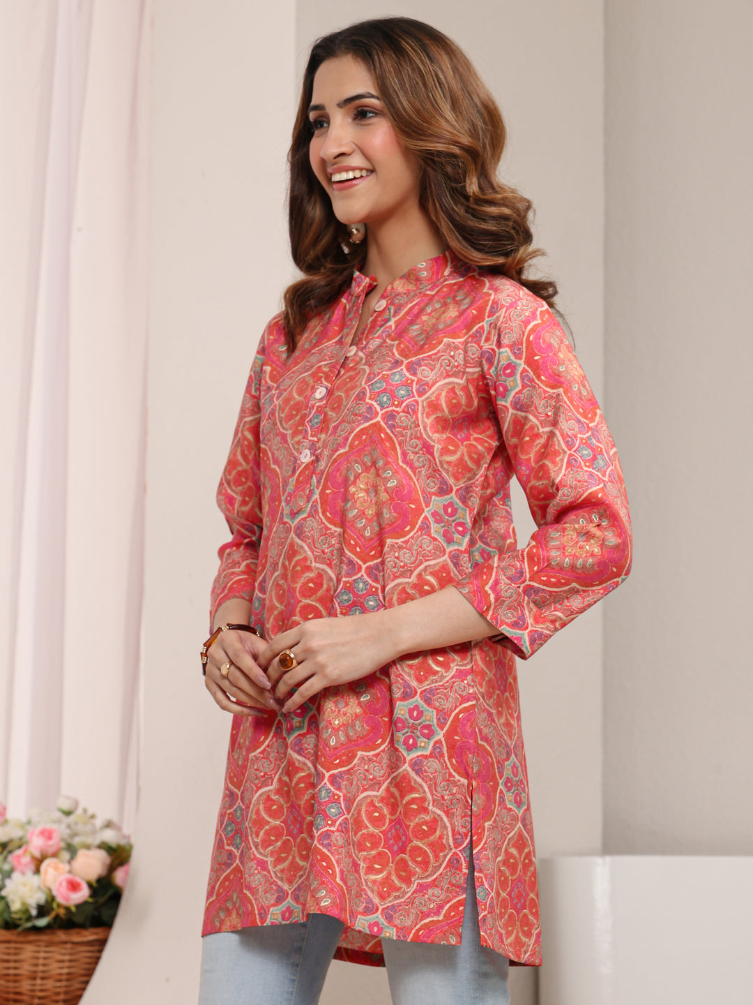  Peach Ethnic Printed Silk Blend Tunic 