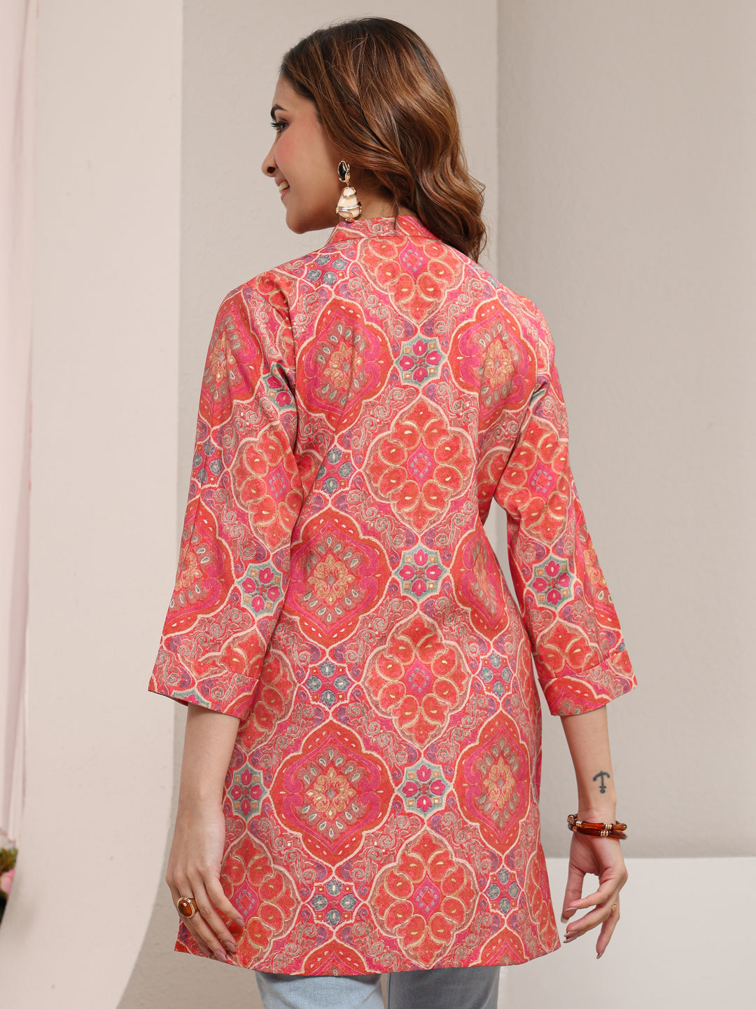  Peach Ethnic Printed Silk Blend Tunic 
