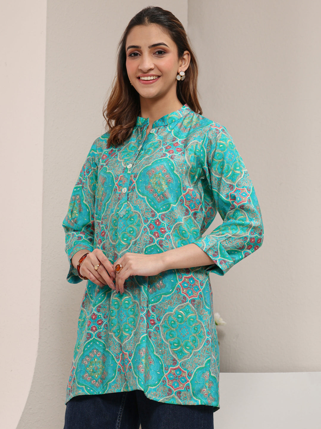  Blue Ethnic Printed Silk Blend Straight Short Kurti 