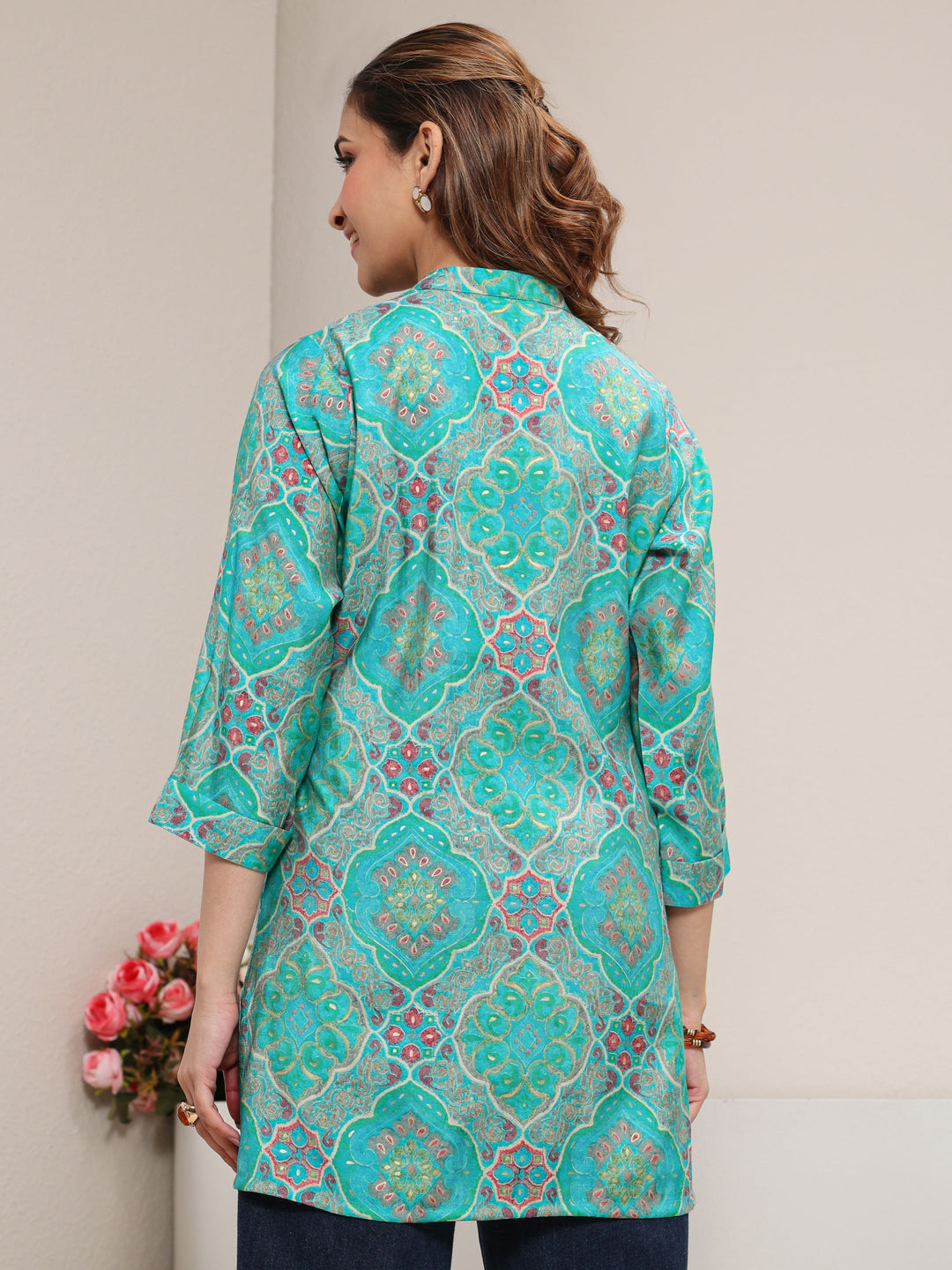  Blue Ethnic Printed Silk Blend Straight Short Kurti 