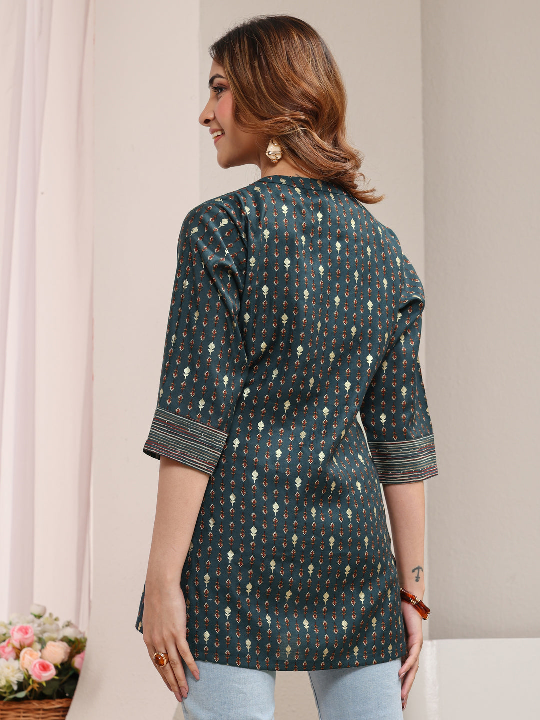  Blue Ethnic Printed Silk Blend Straight Short Kurti 
