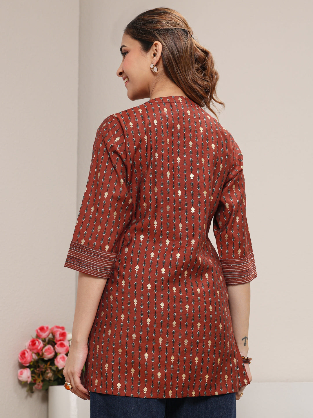  Rust Ethnic Printed Silk Blend Straight Short Kurti 