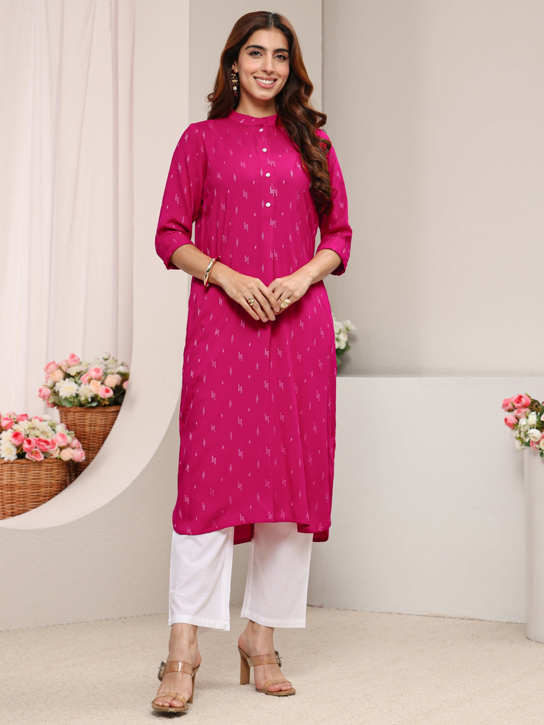  Pink Mandarin Collar Embroidered Rayon Straight Kurta 