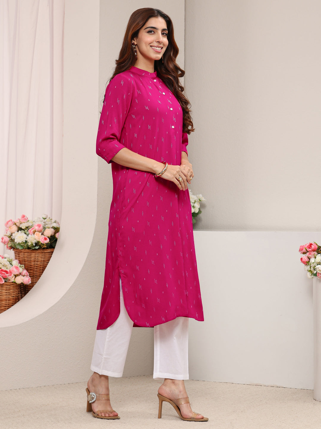  Pink Mandarin Collar Embroidered Rayon Straight Kurta 