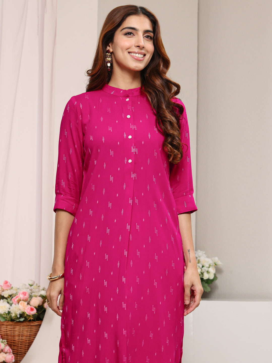  Pink Mandarin Collar Embroidered Rayon Straight Kurta 