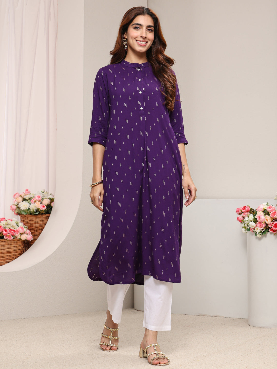  Purple Mandarin Collar Embroidered Rayon Straight Kurta 