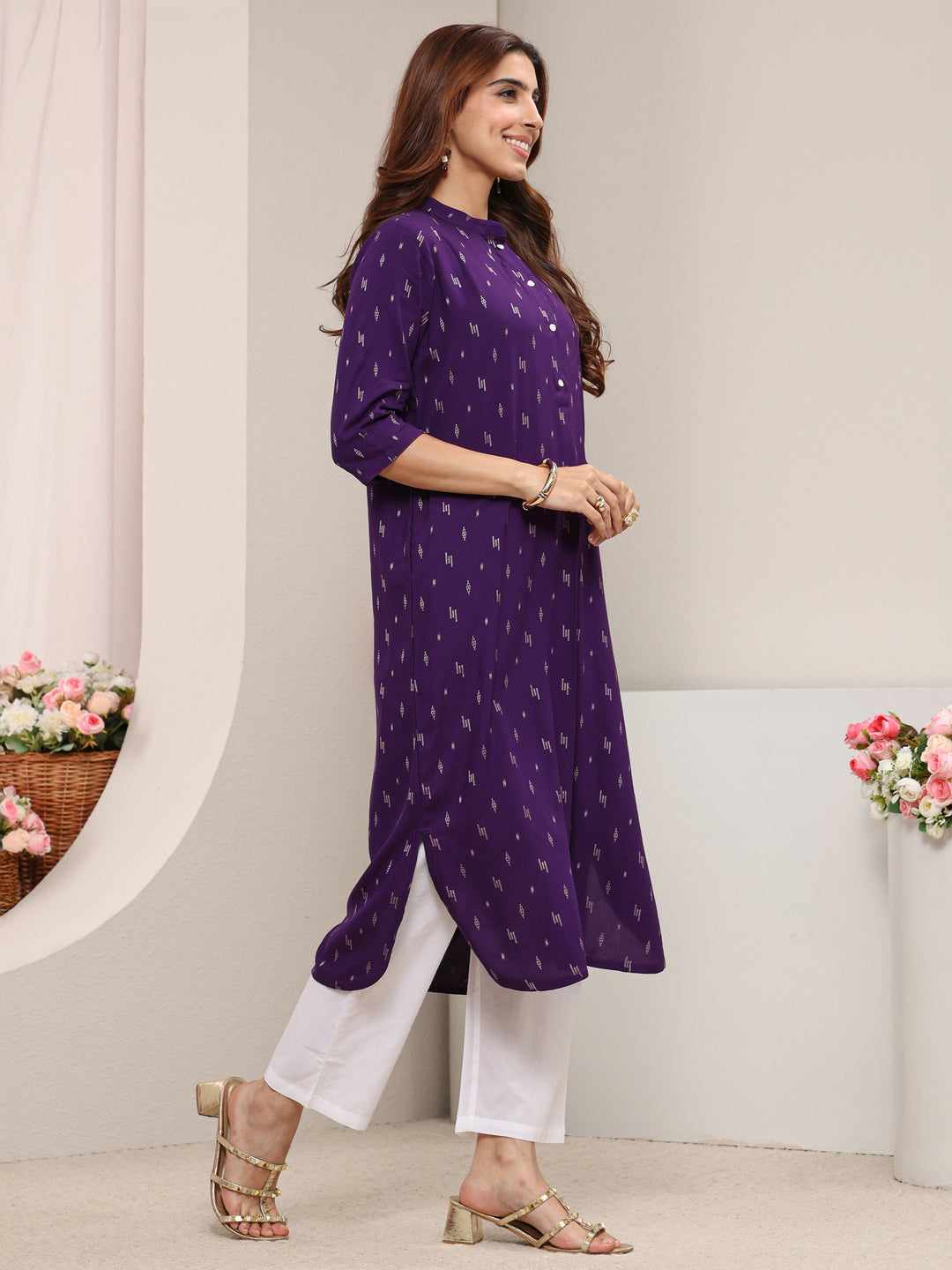  Purple Mandarin Collar Embroidered Rayon Straight Kurta 