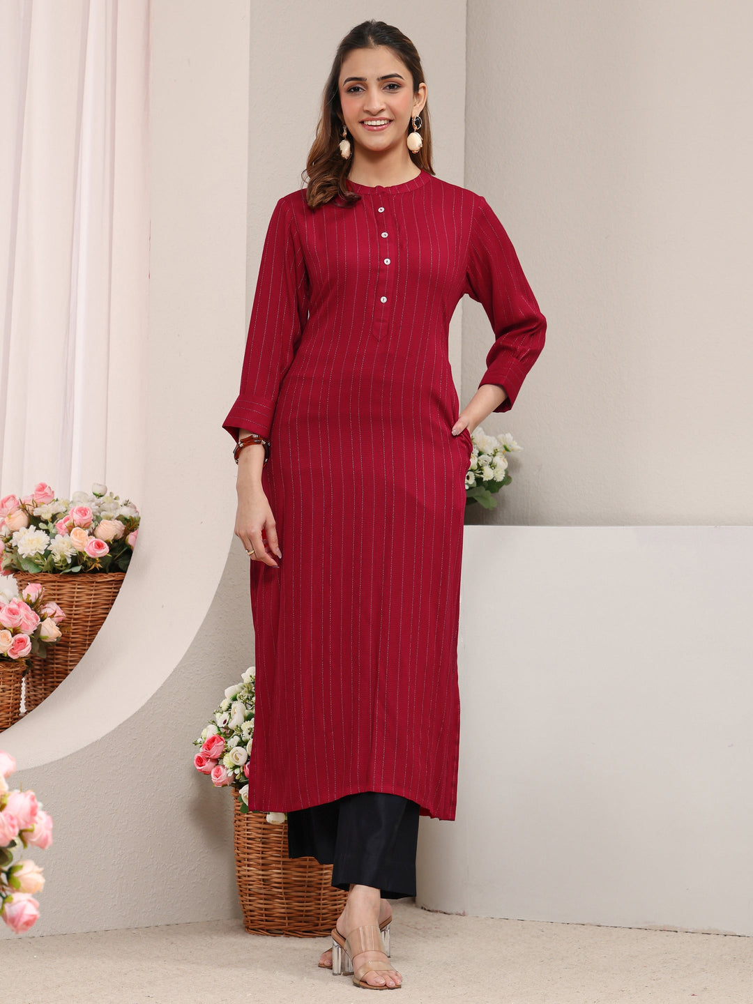  Red Striped Woven Design Rayon Straight Kurta 