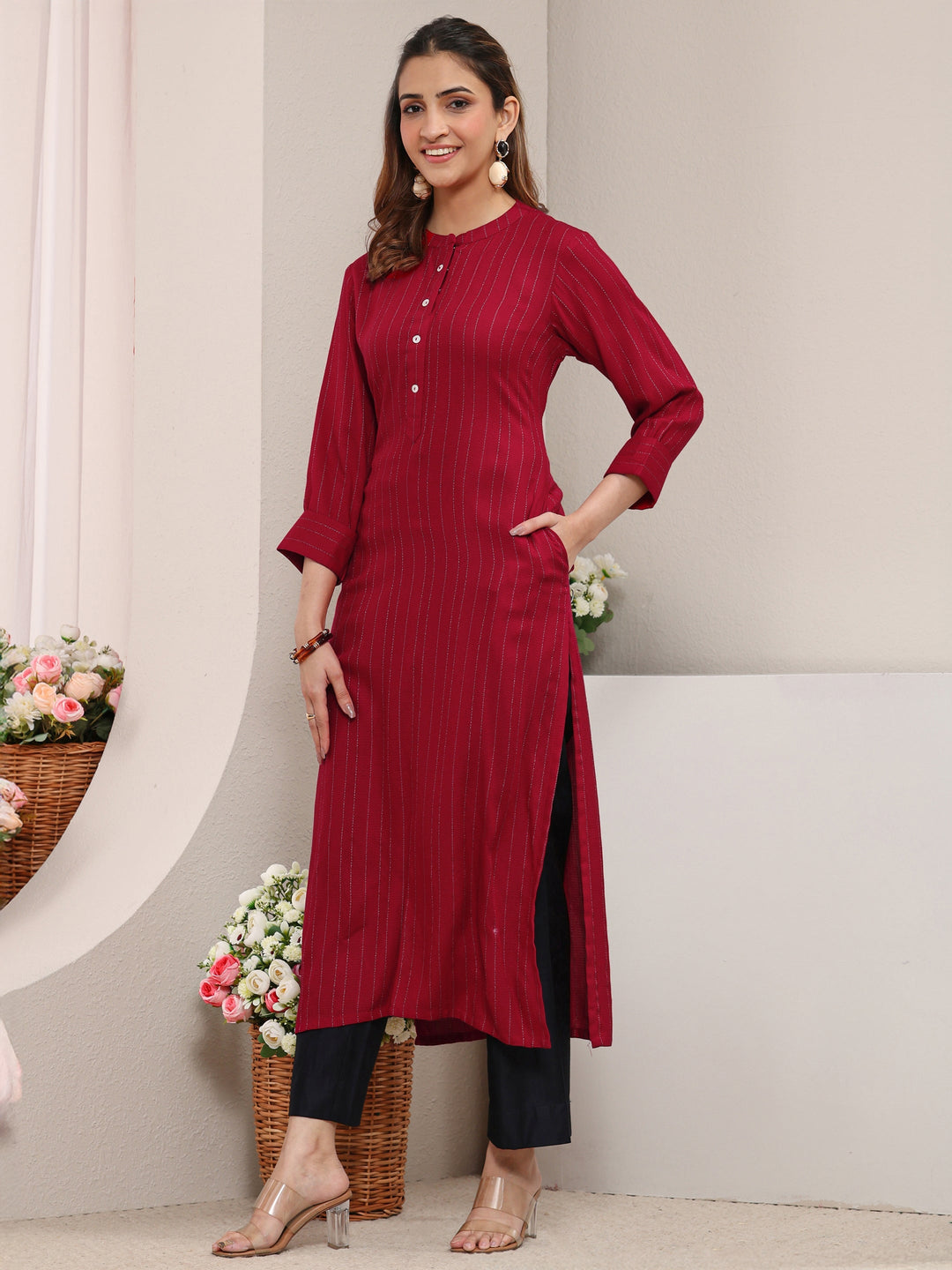  Red Striped Woven Design Rayon Straight Kurta 
