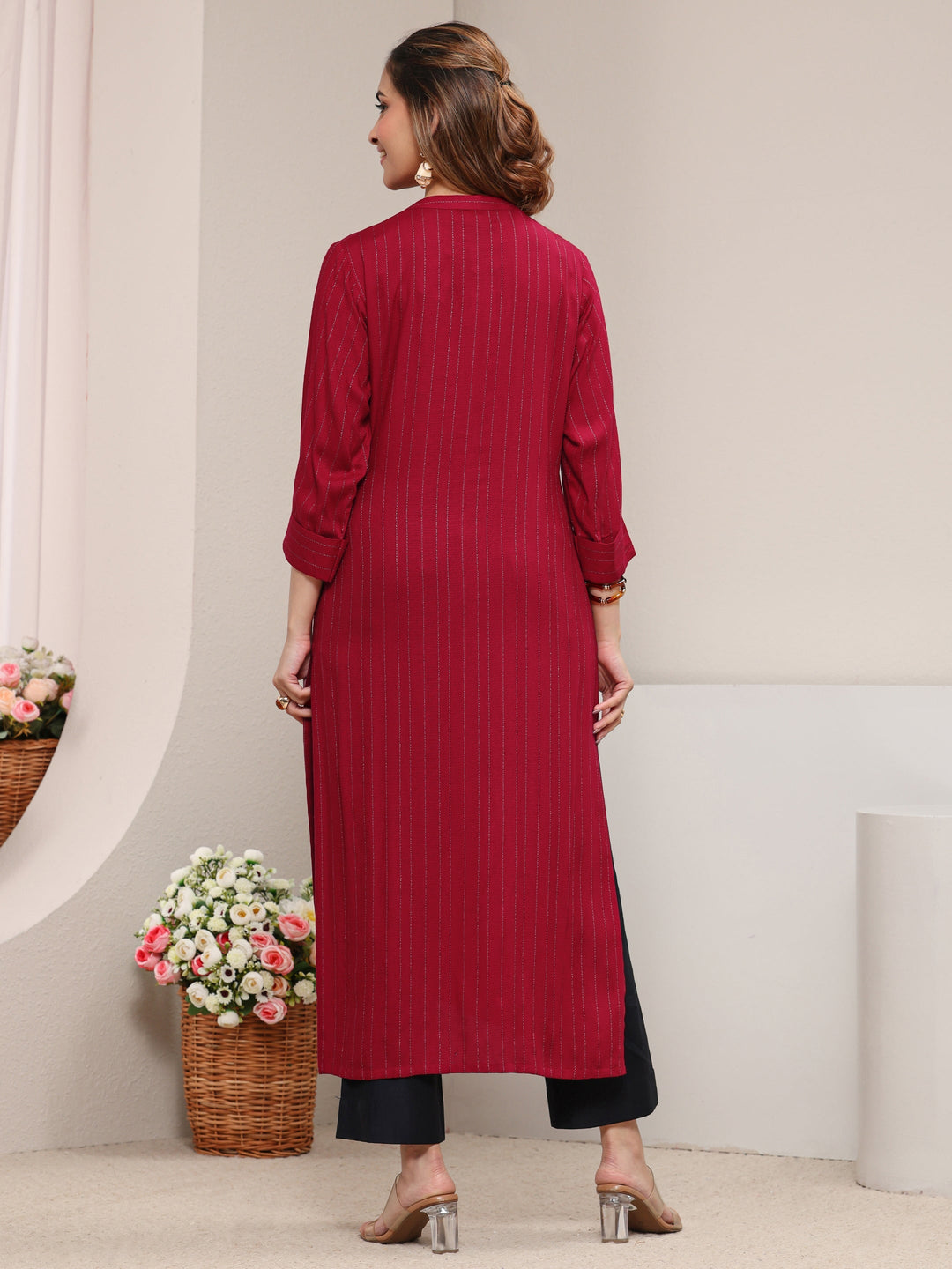  Red Striped Woven Design Rayon Straight Kurta 