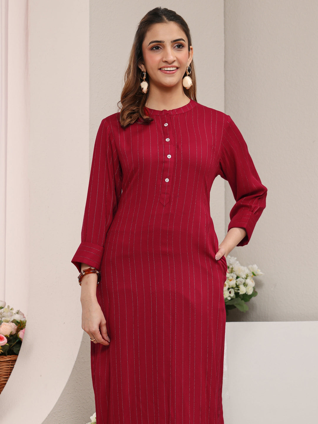  Red Striped Woven Design Rayon Straight Kurta 