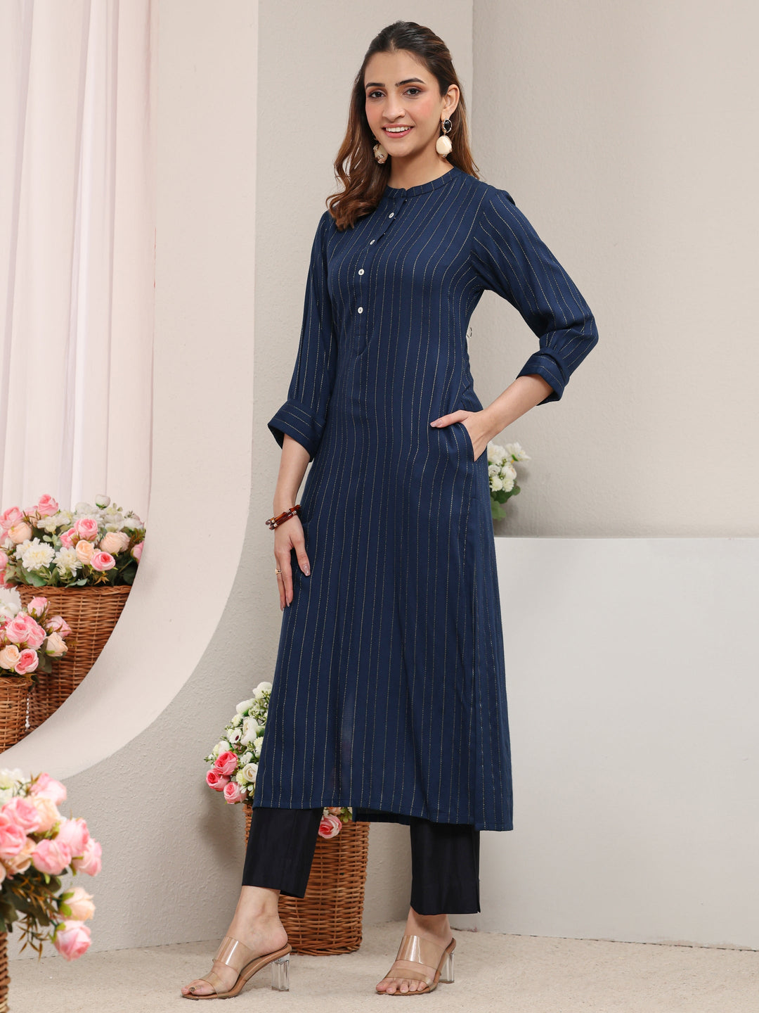  Blue Striped Woven Design Rayon Straight Kurta 