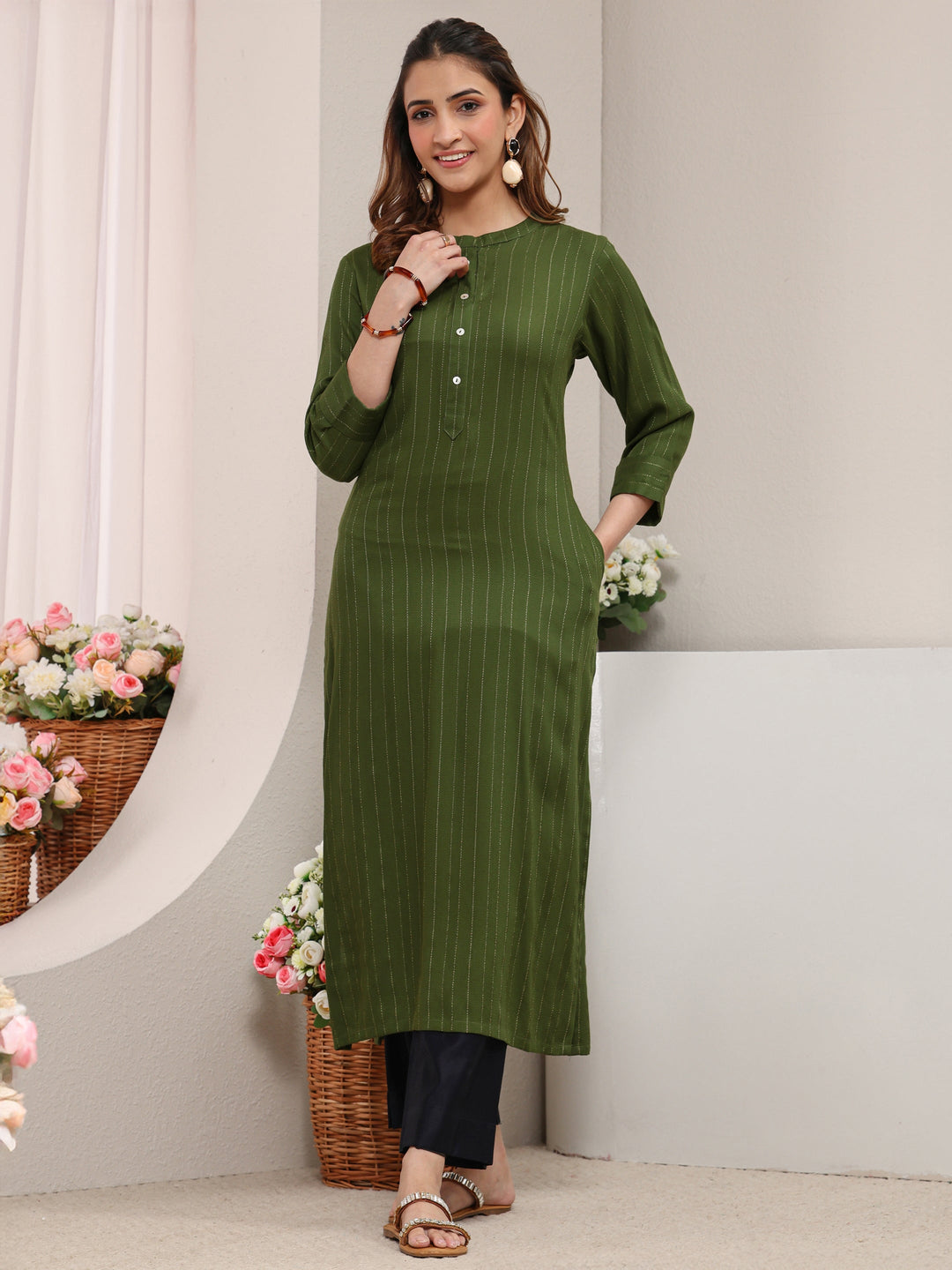  Green Striped Woven Design Rayon Straight Kurta 
