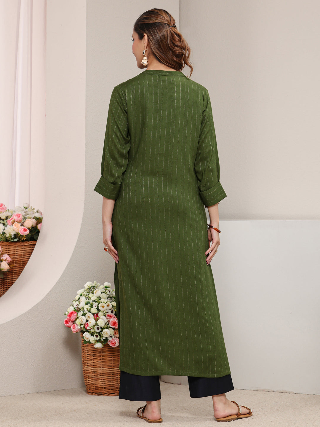  Green Striped Woven Design Rayon Straight Kurta 