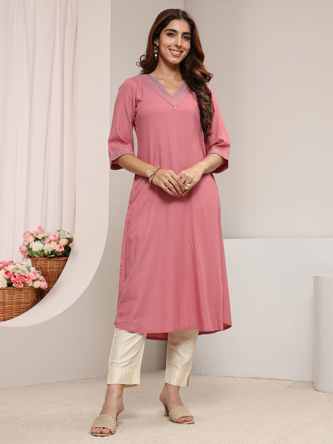  Pink Striped Embellished Rayon Straight Kurta 