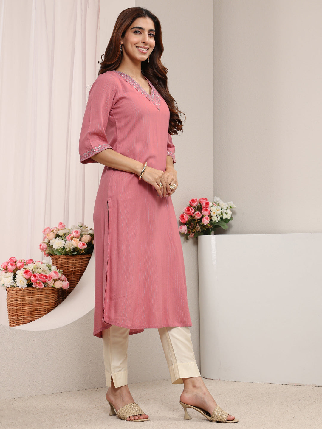 Pink Striped Embellished Rayon Straight Kurta 