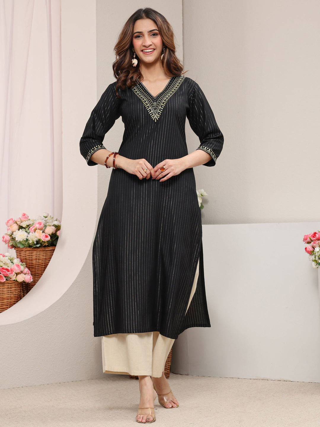  Black Striped Embellished Rayon Straight Kurta 