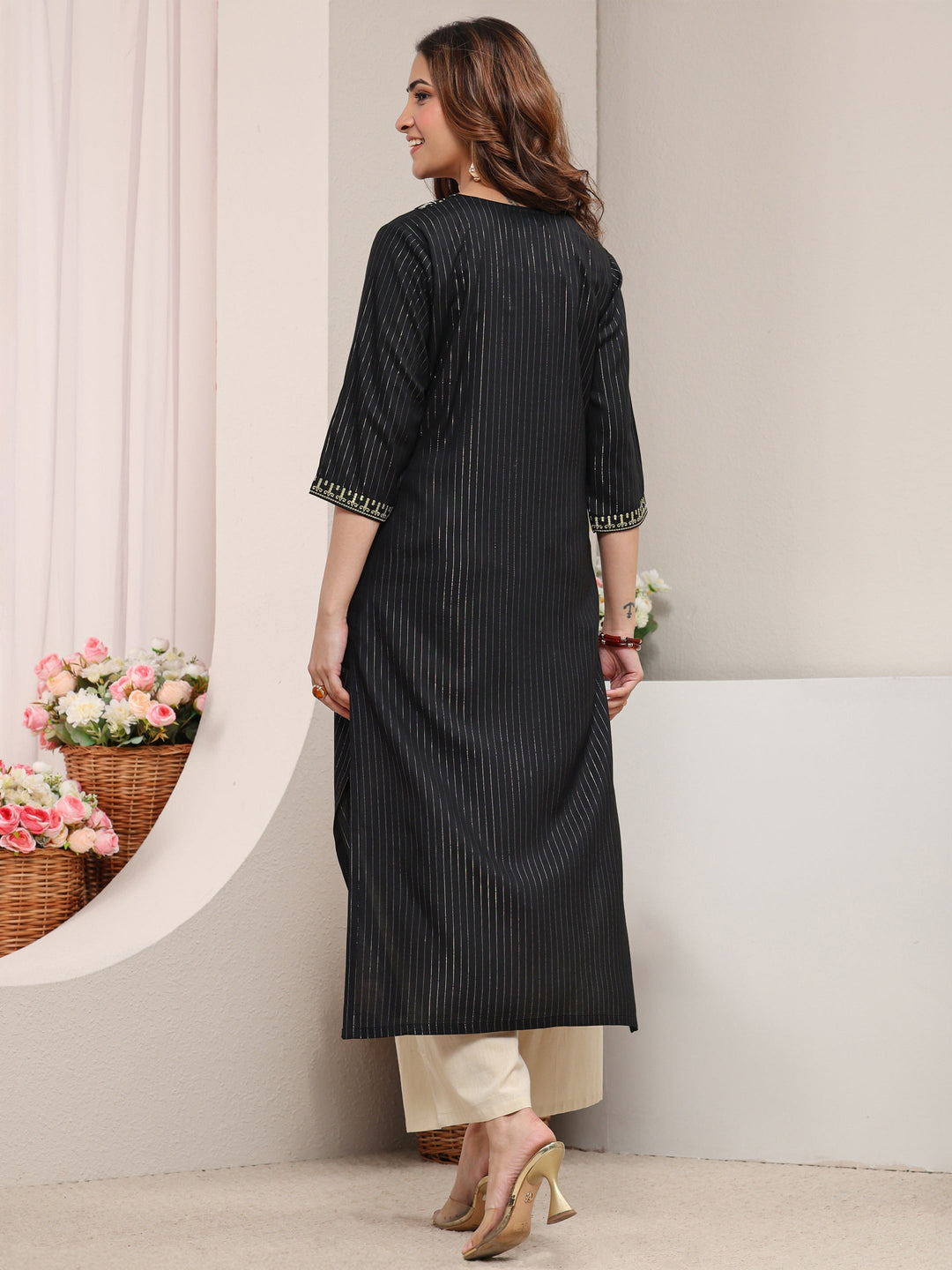  Black Striped Embellished Rayon Straight Kurta 