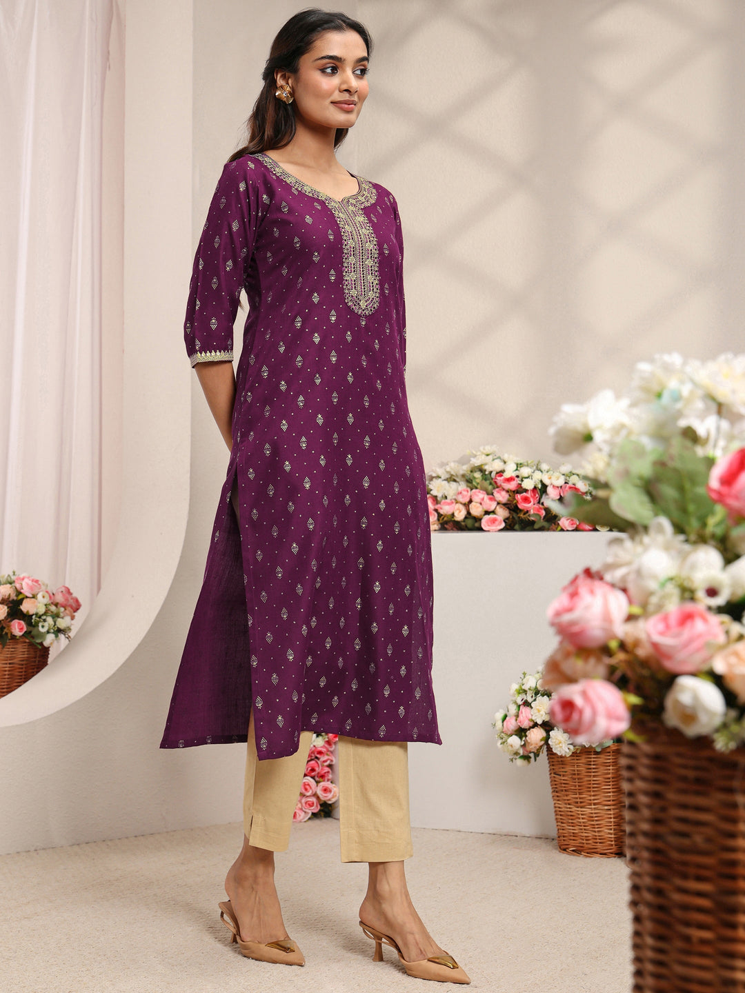  Burgundy Ethnic Motifs Printed Cotton Blend Straight Kurta 