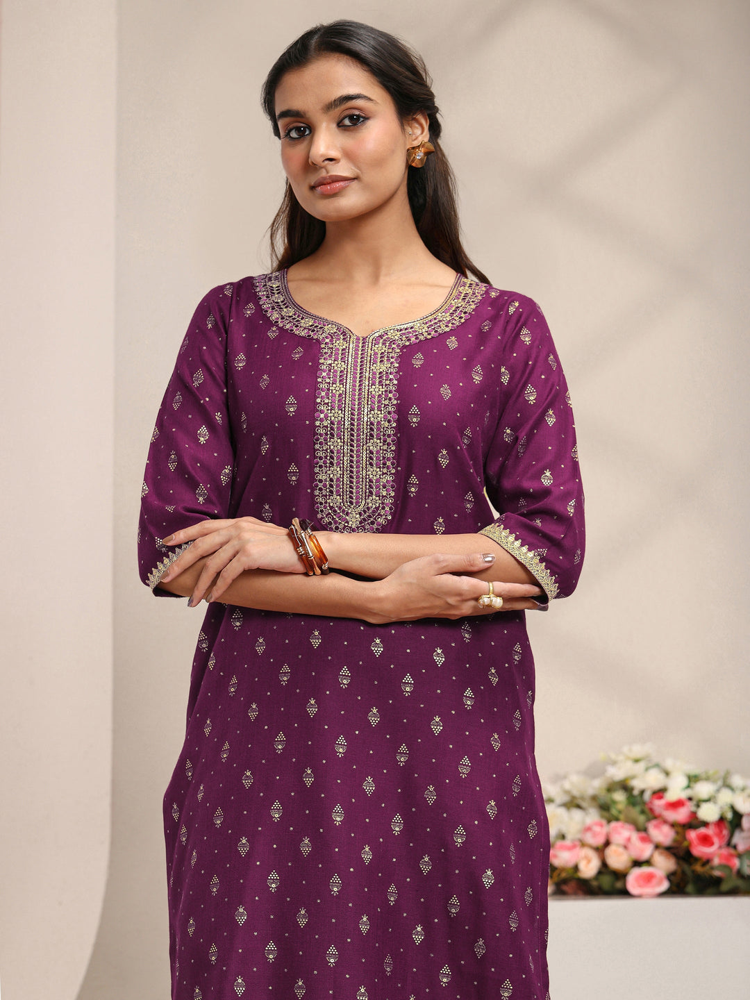  Burgundy Ethnic Motifs Printed Cotton Blend Straight Kurta 