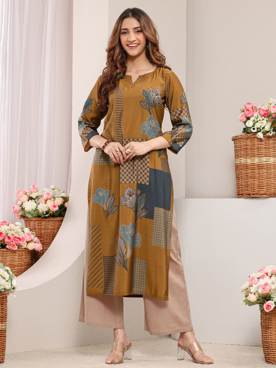  Mustard Abstract Printed Silk Blend Straight Kurta 