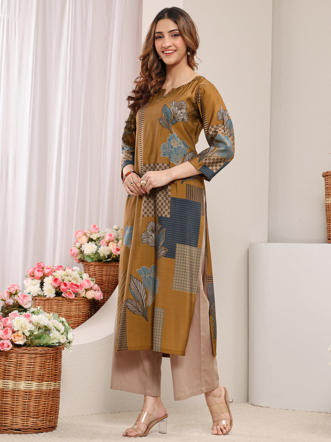  Mustard Abstract Printed Silk Blend Straight Kurta 