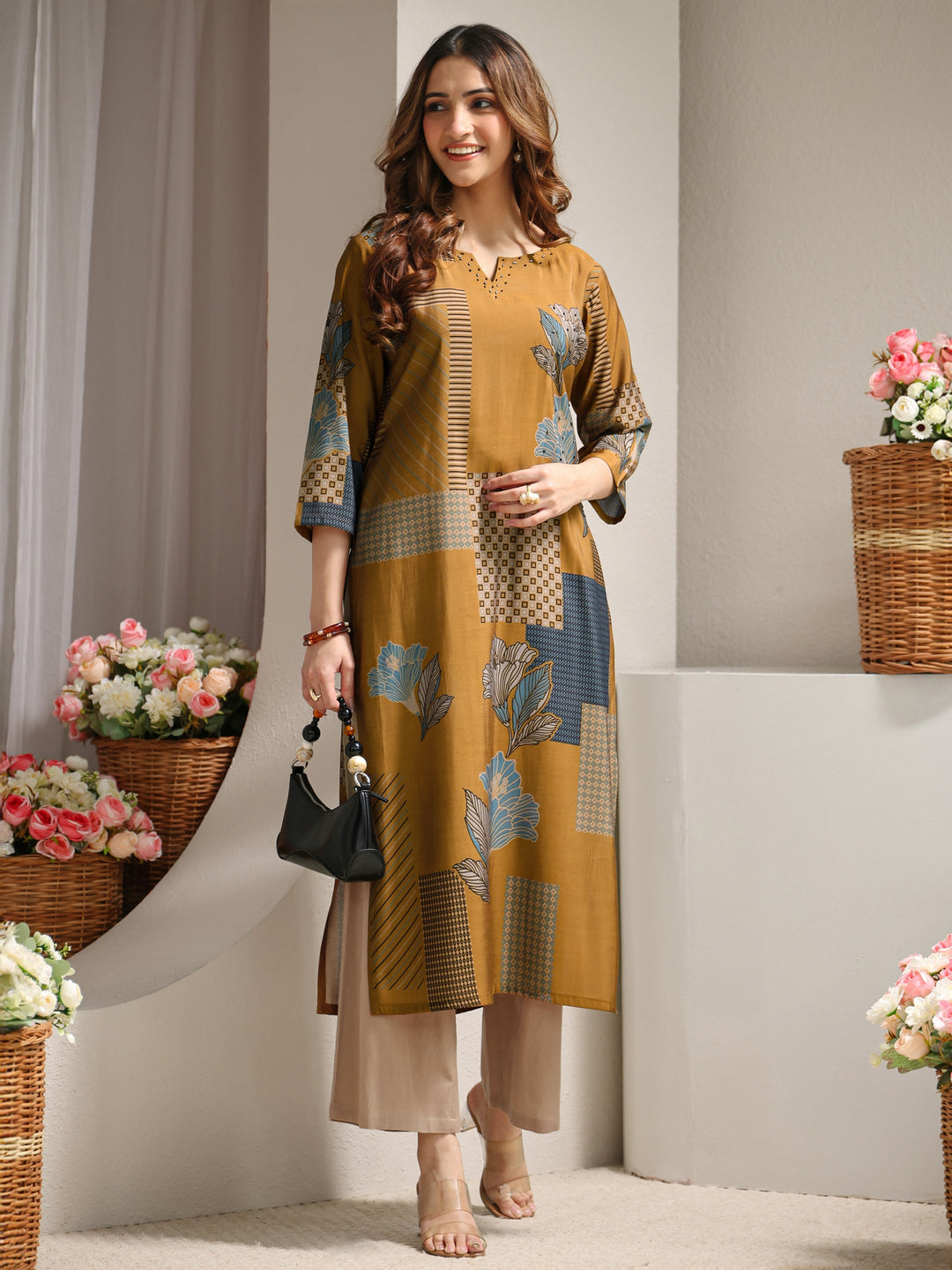  Mustard Abstract Printed Silk Blend Straight Kurta 