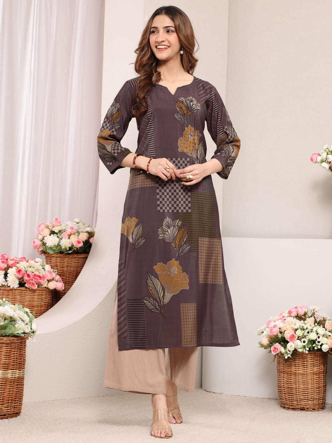  Taupe Abstract Printed Silk Blend Straight Kurta 