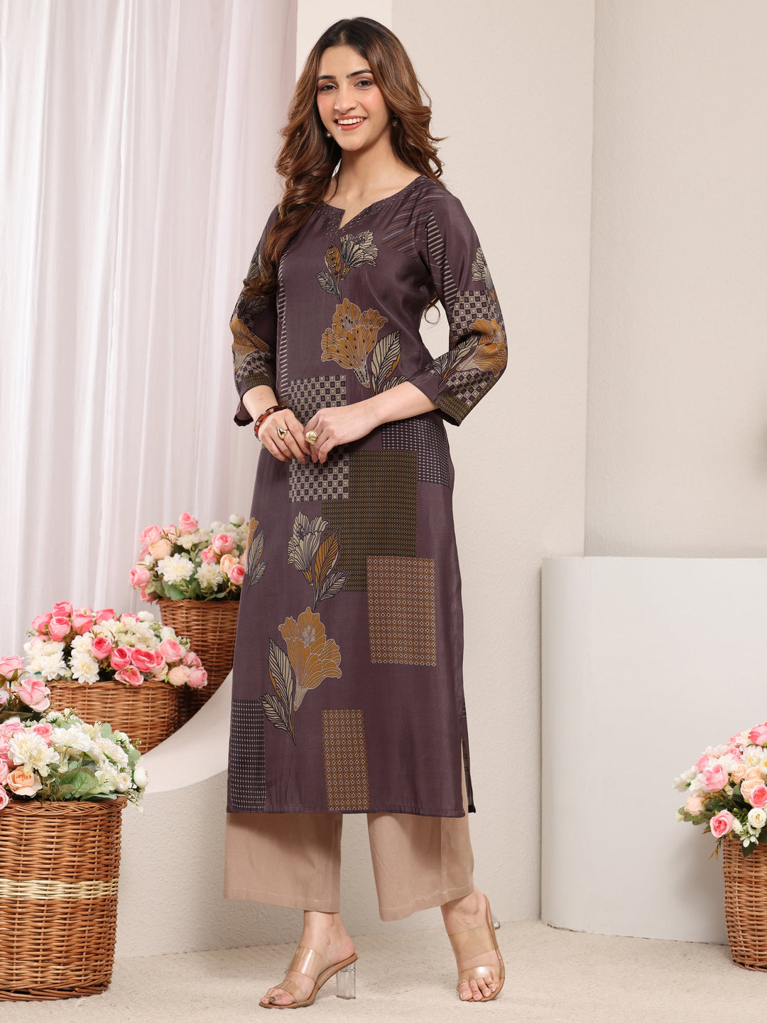  Taupe Abstract Printed Silk Blend Straight Kurta 