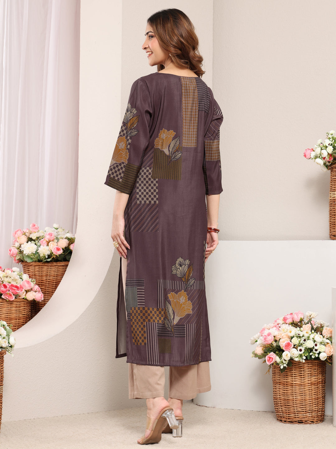  Taupe Abstract Printed Silk Blend Straight Kurta 