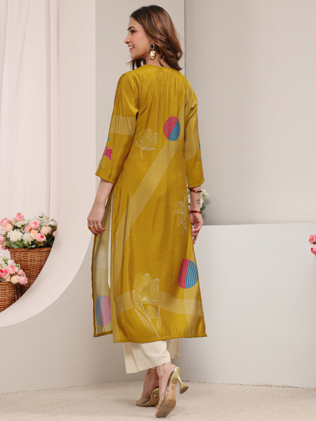  Mustard Printed Silk Blend Straight Kurta 