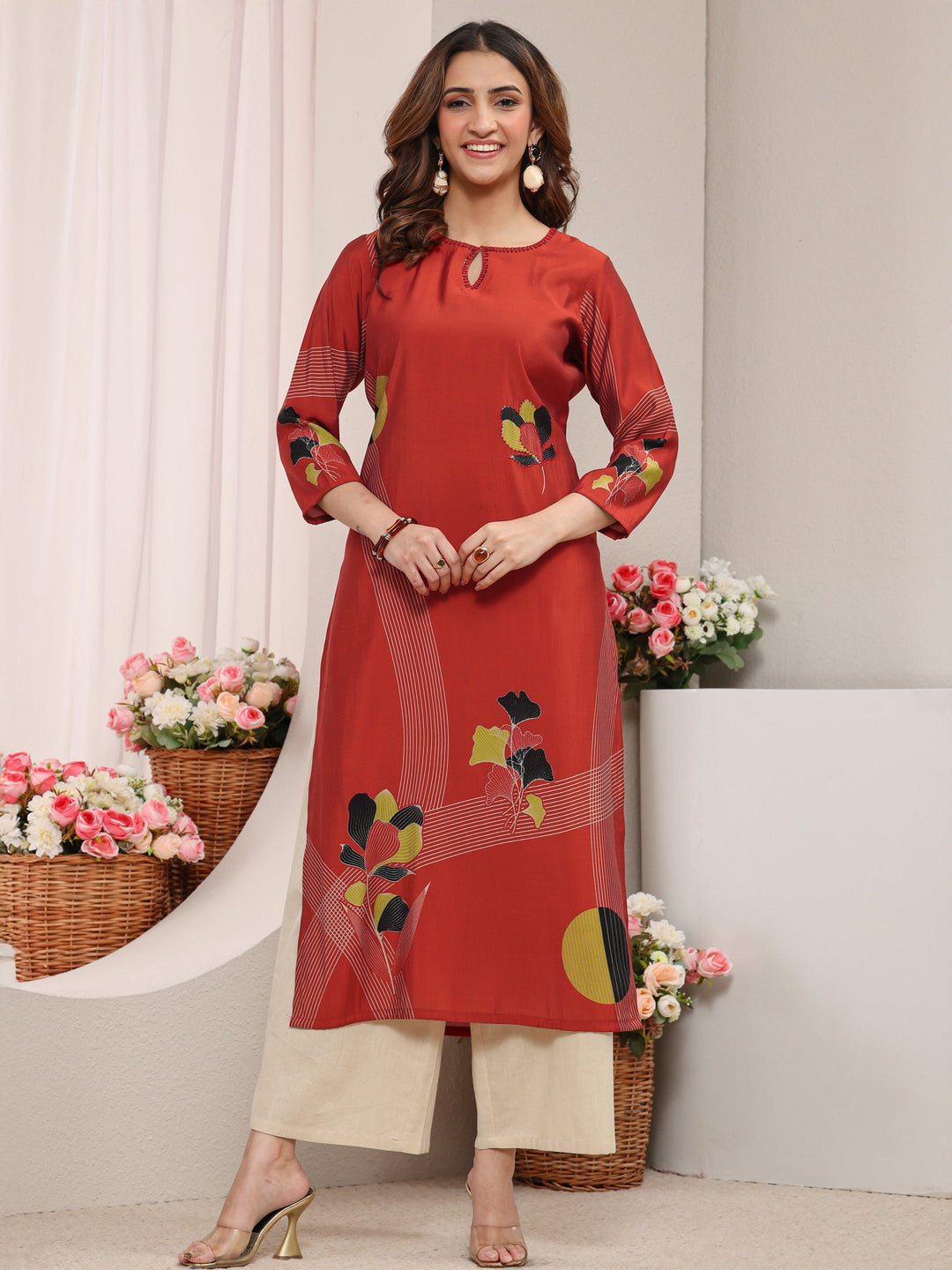  Rust Printed Silk Blend Straight Kurta 
