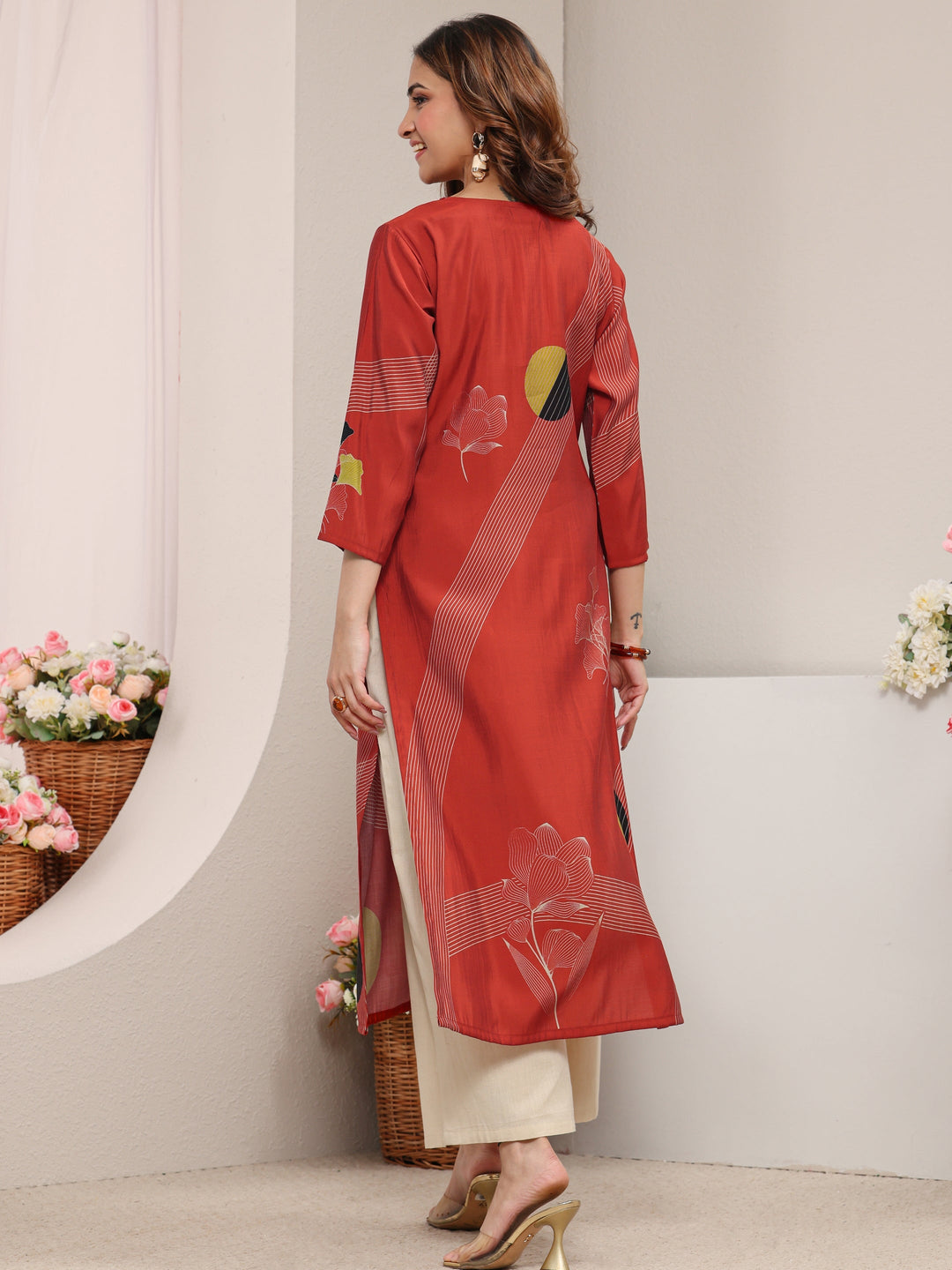  Rust Printed Silk Blend Straight Kurta 