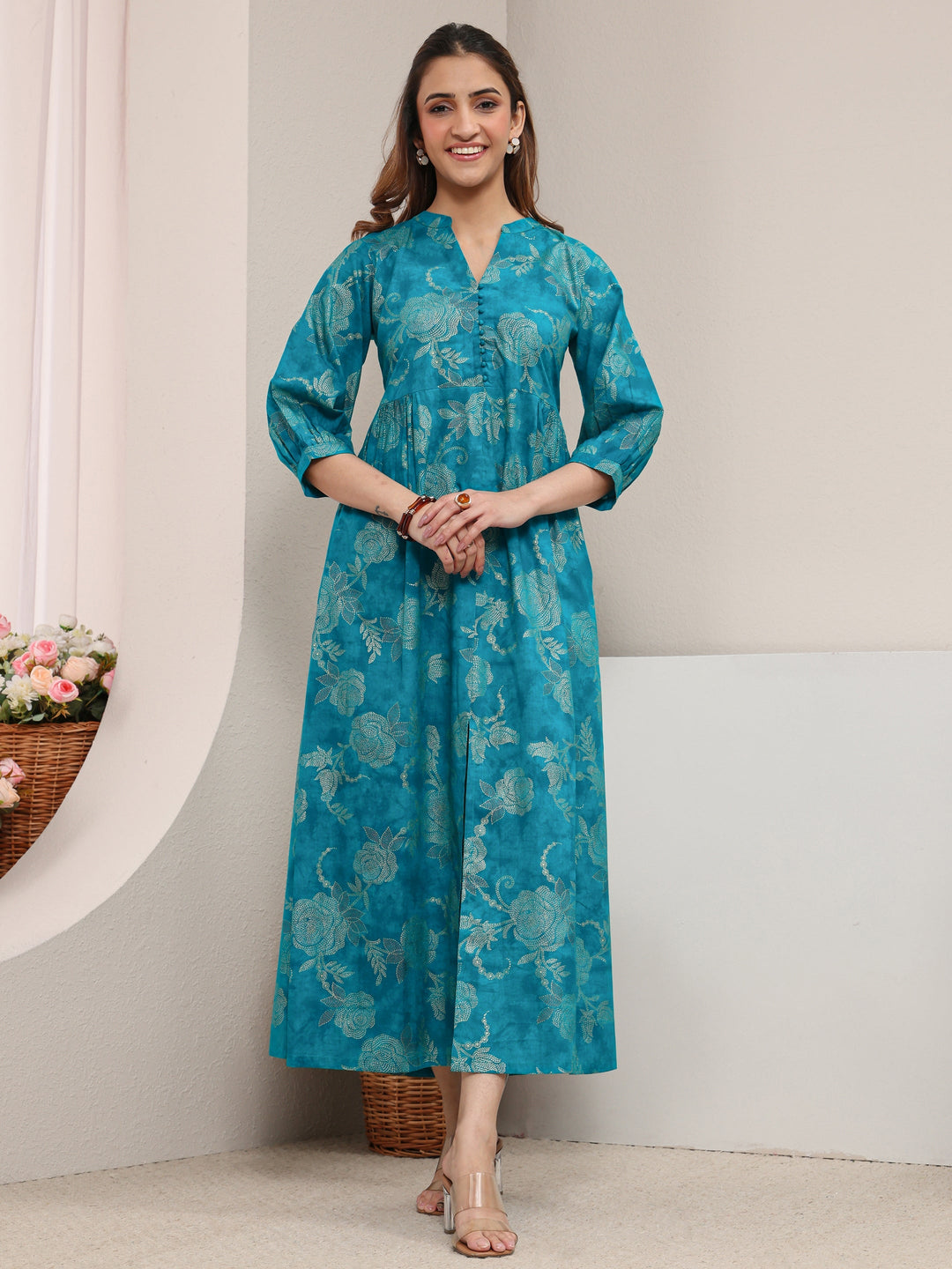  Blue Floral Printed Cotton A-Line One Piece Dress 