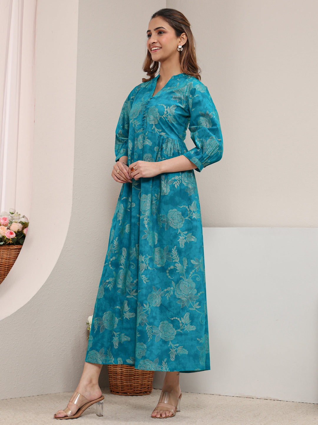  Blue Floral Printed Cotton A-Line One Piece Dress 
