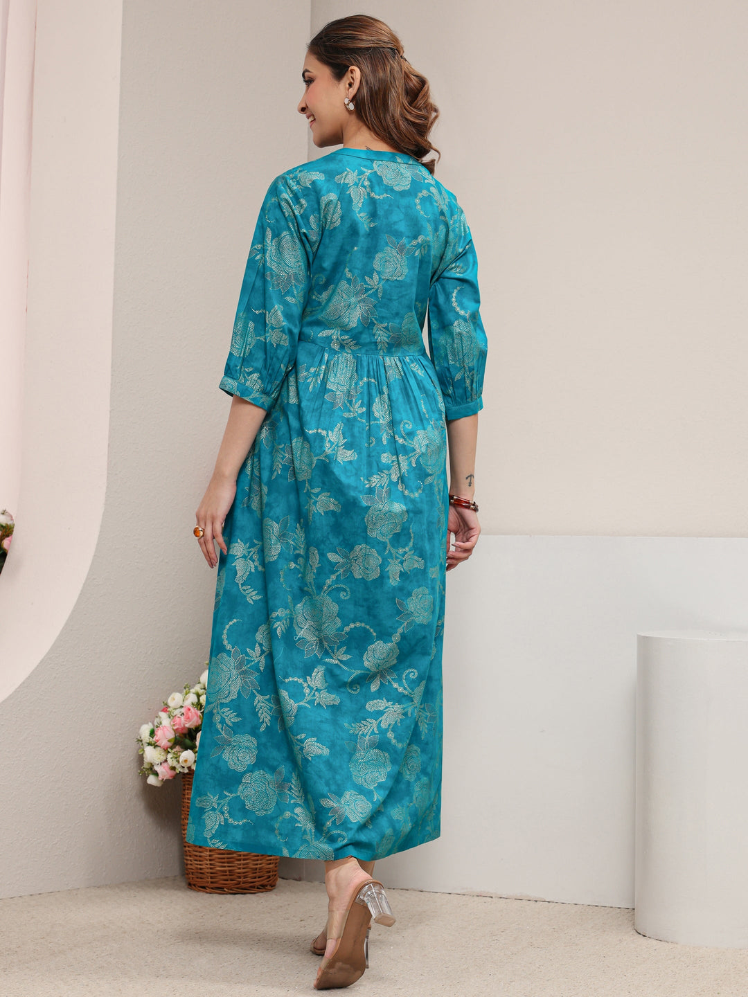  Blue Floral Printed Cotton A-Line One Piece Dress 