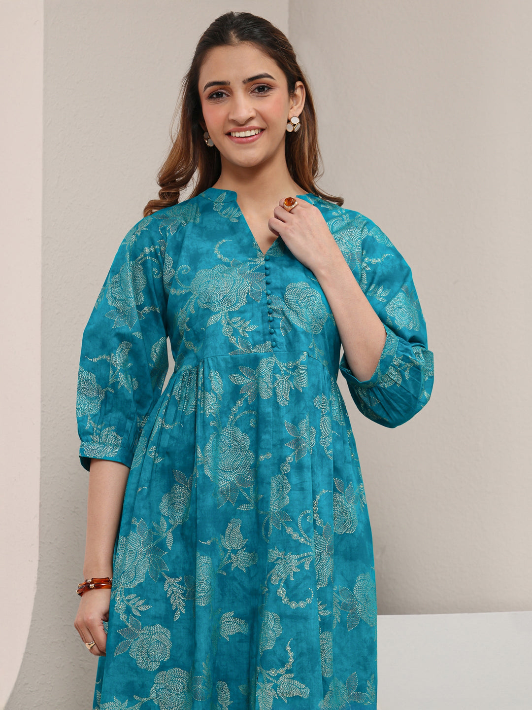  Blue Floral Printed Cotton A-Line One Piece Dress 