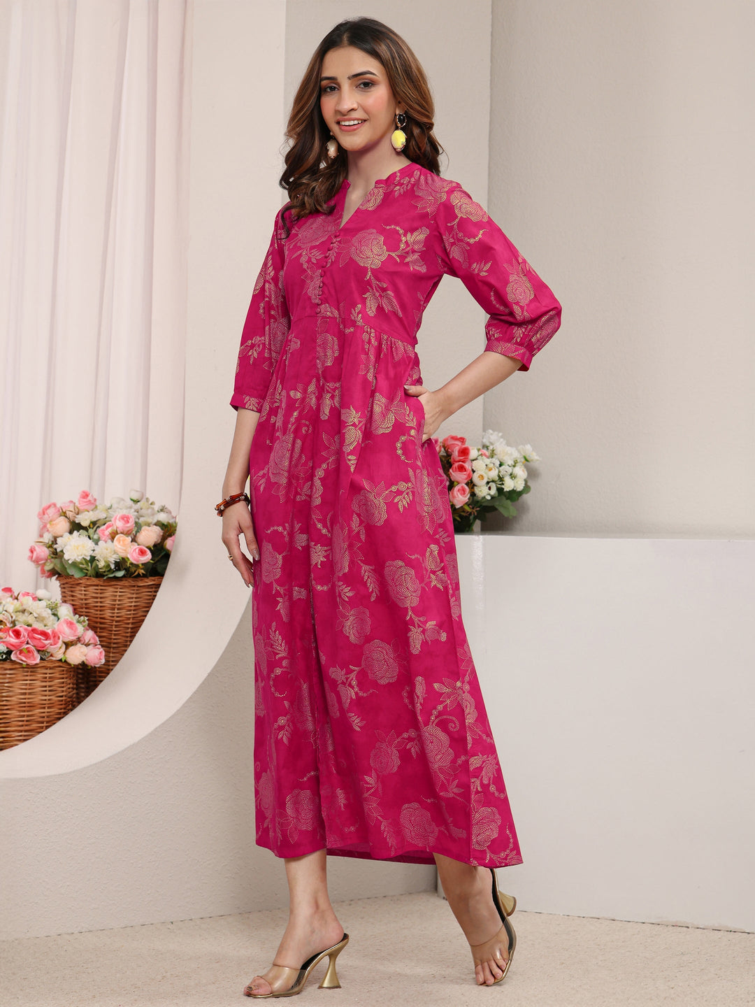  Pink Floral Printed Cotton A-Line One Piece Dress 