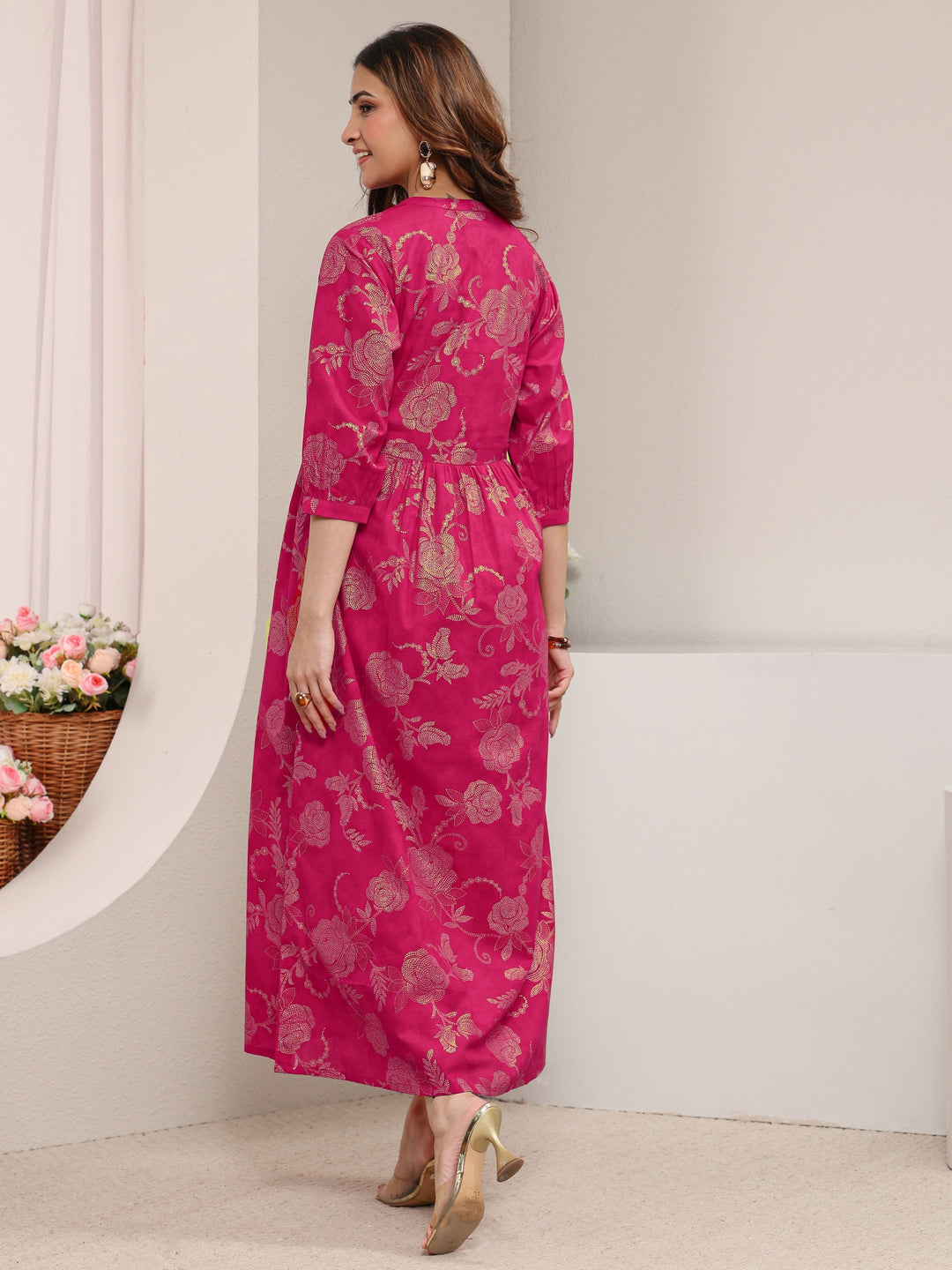  Pink Floral Printed Cotton A-Line One Piece Dress 