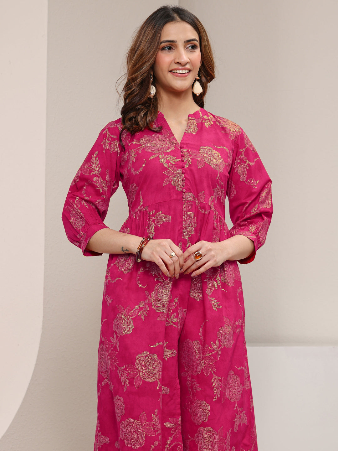  Pink Floral Printed Cotton A-Line One Piece Dress 