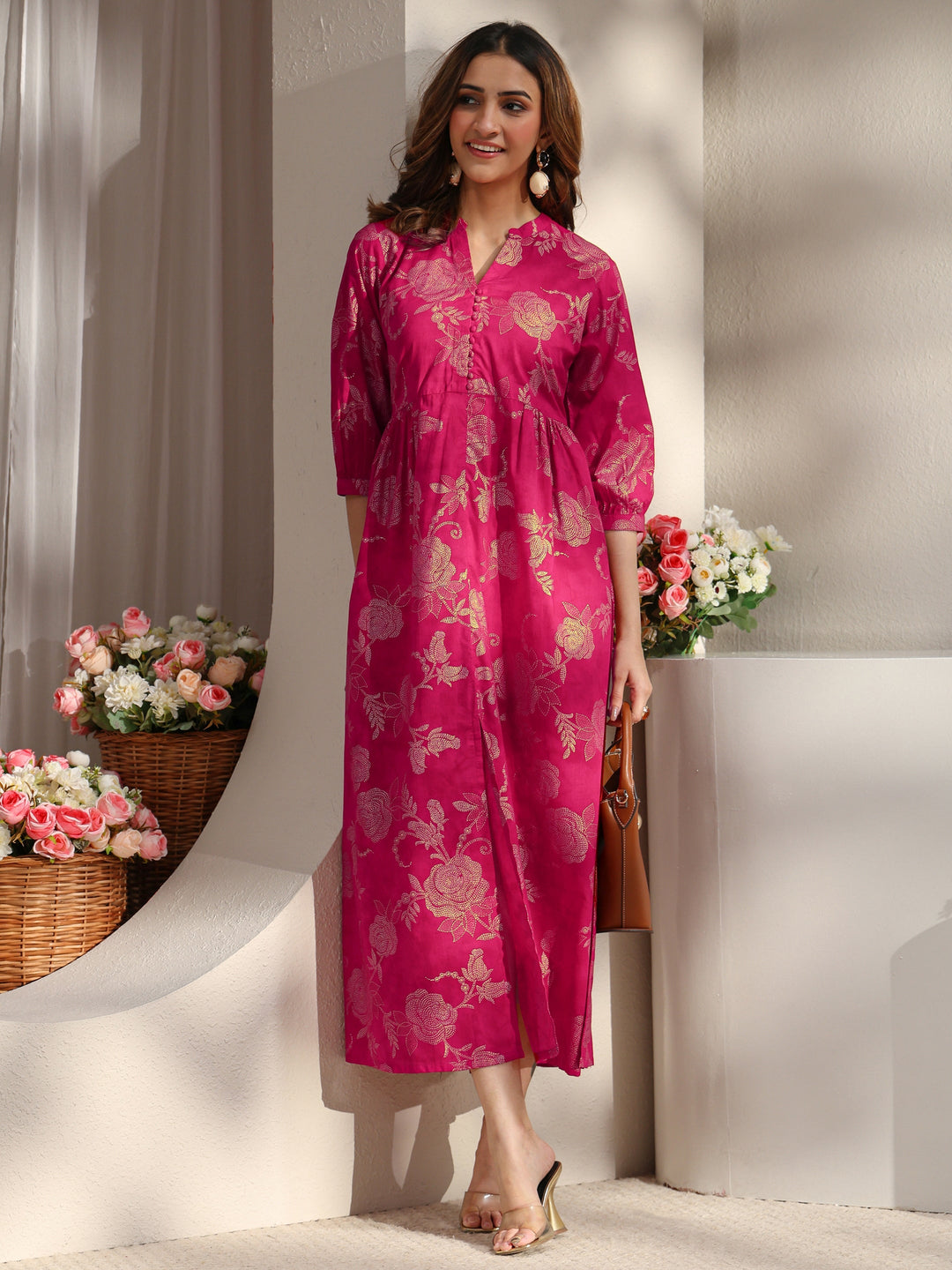  Pink Floral Printed Cotton A-Line One Piece Dress 