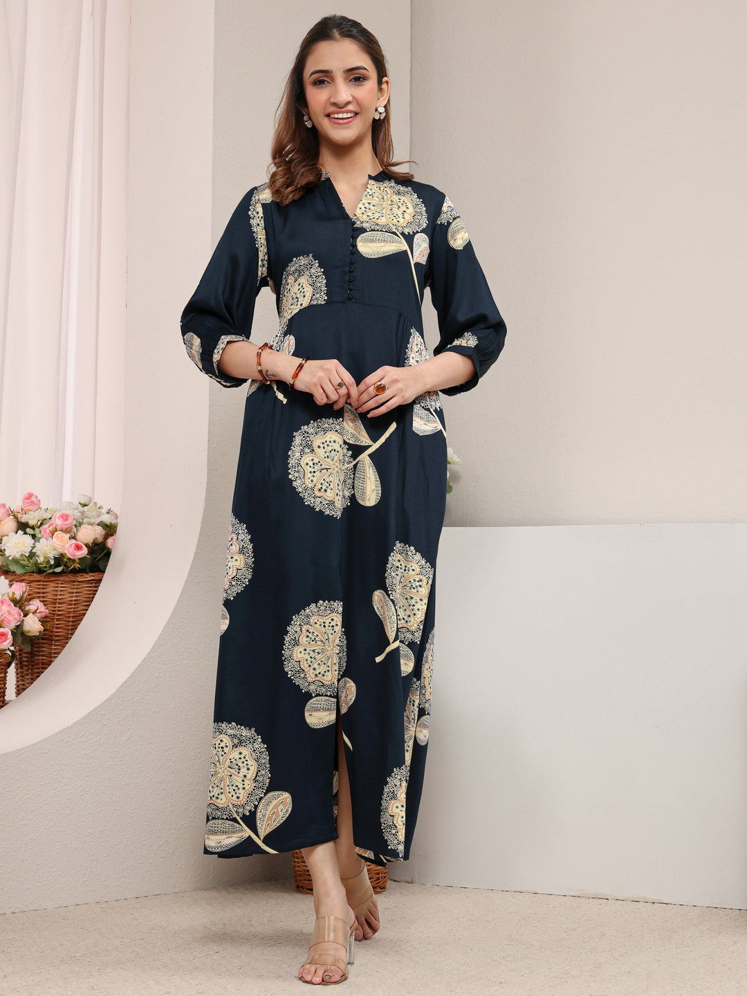  Navy Blue Floral Printed Silk Blend A-Line One Piece Dress 