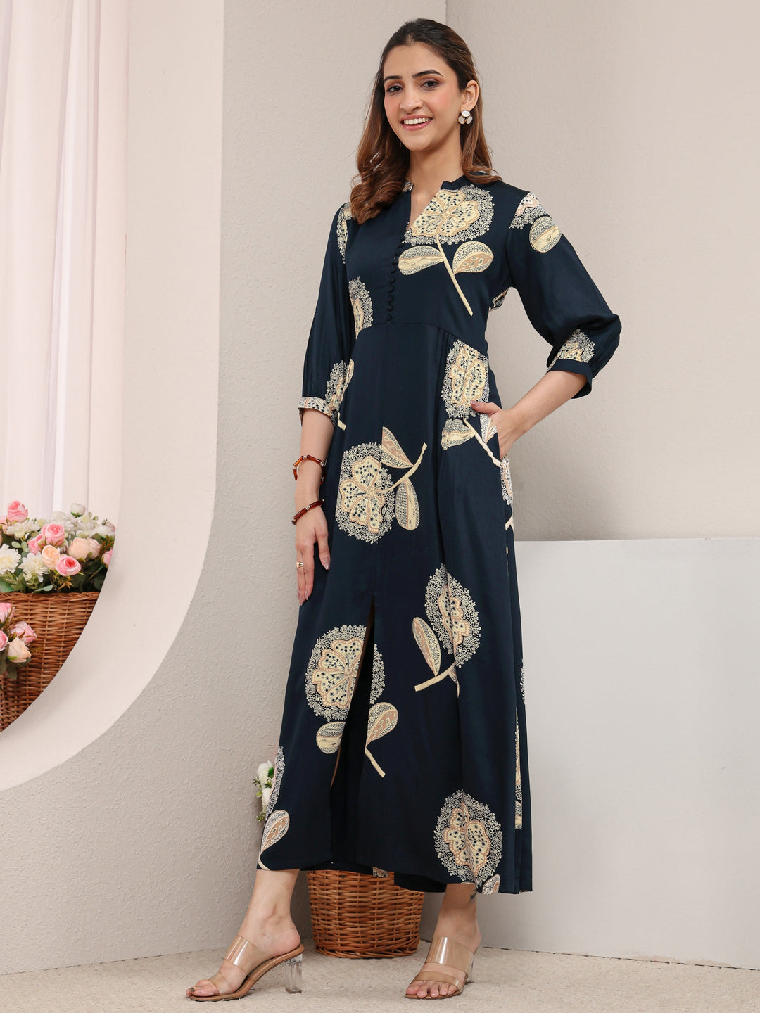  Navy Blue Floral Printed Silk Blend A-Line One Piece Dress 