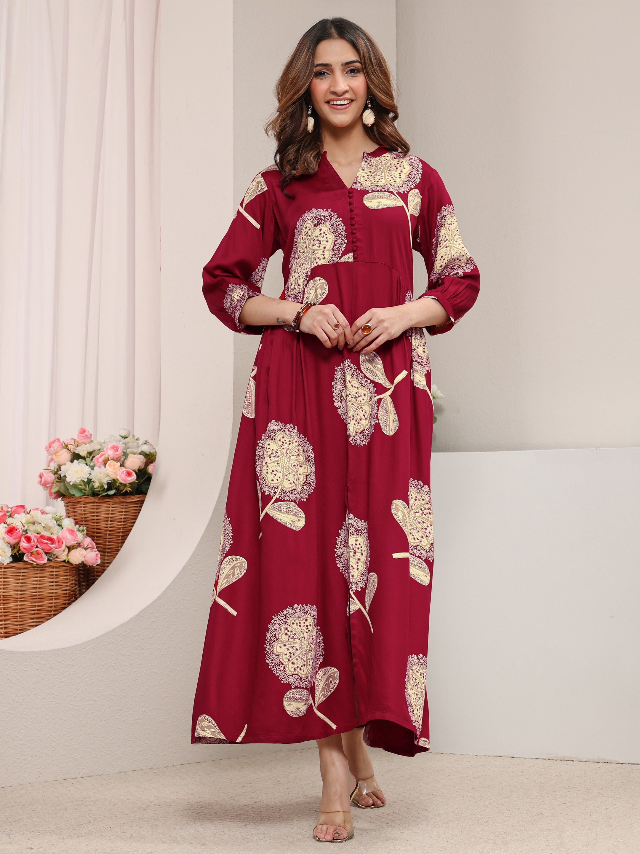 Buy Red Floral Printed Silk Blend A-Line One Piece Dress Online at