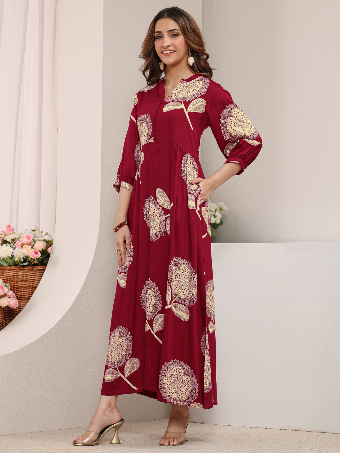  Red Floral Printed Silk Blend A-Line One Piece Dress 