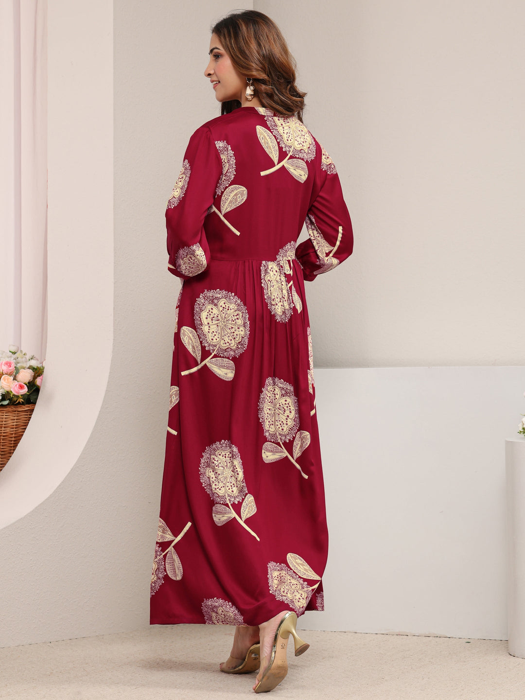  Red Floral Printed Silk Blend A-Line One Piece Dress 
