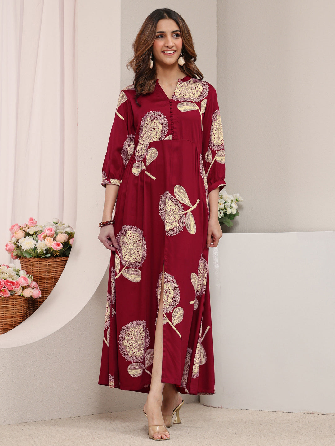  Red Floral Printed Silk Blend A-Line One Piece Dress 